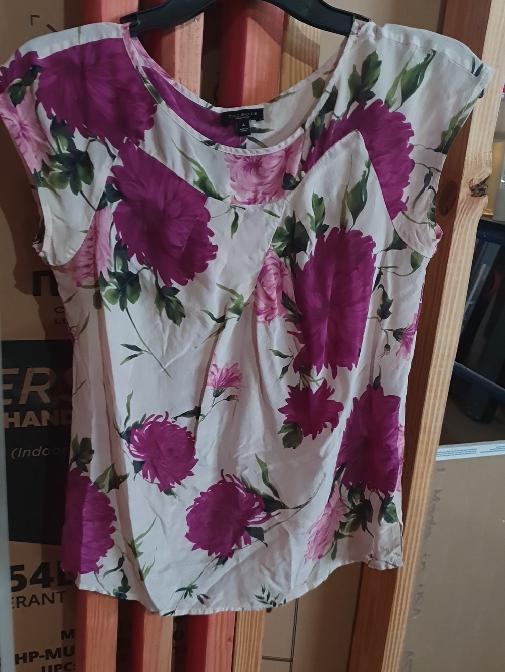 Talbots White Floral Cap-Sleeve Blouse with Purple Flowers